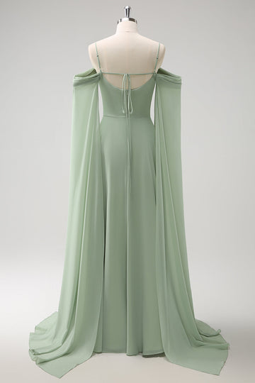 Vestido de dama de honor largo de gasa de gasa de color verde claro con hombros fríos